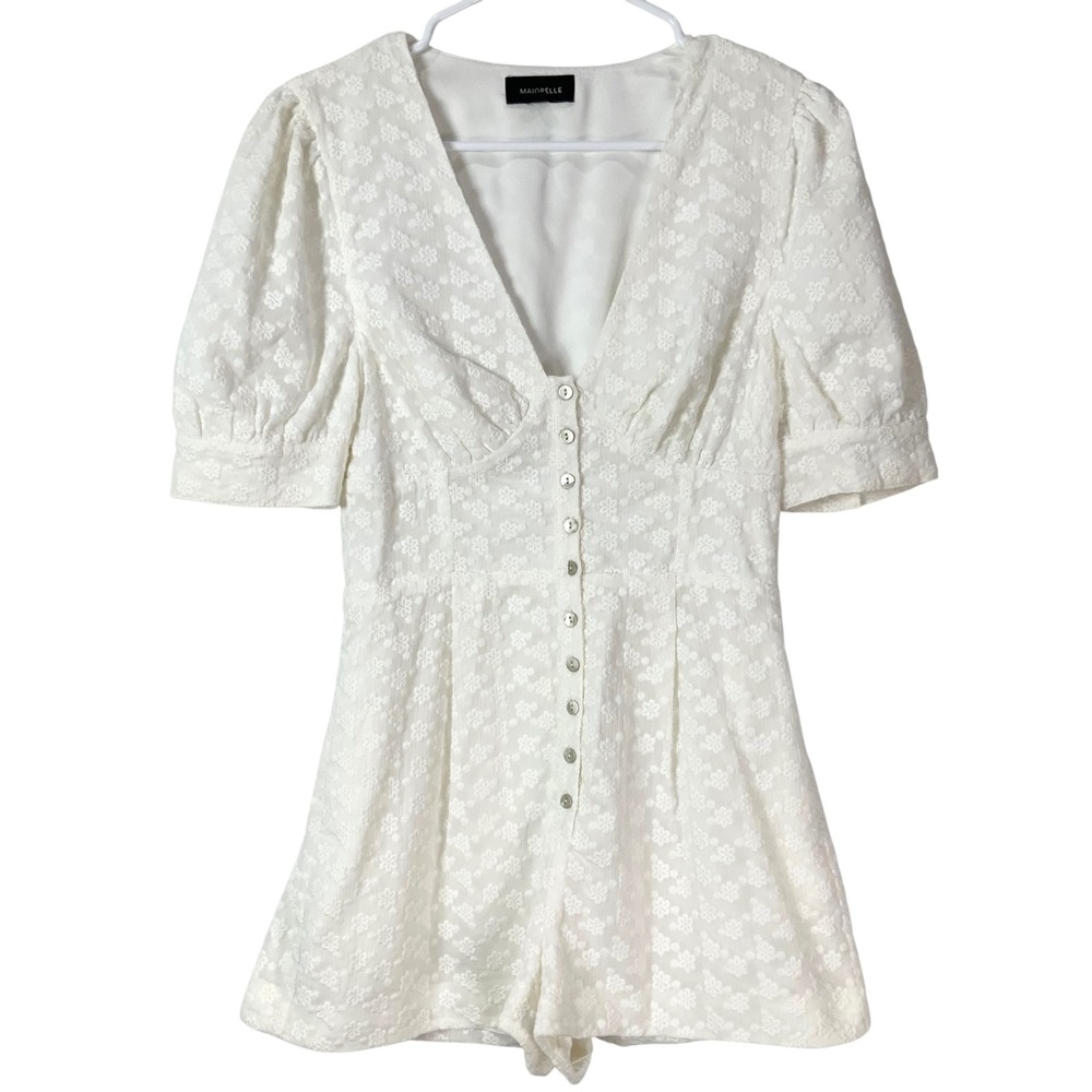 Majorelle White Floral Eyelet Romper XS Button Front V-Neck Short Puff Sleeve